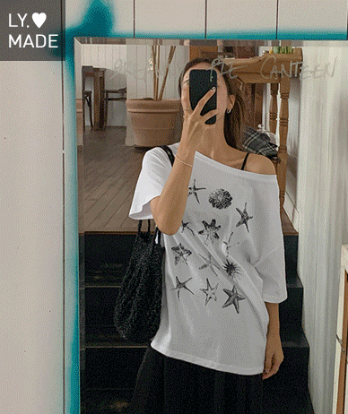 スターフィッシュネイビーボートネックオフショルダー半そでTシャツ