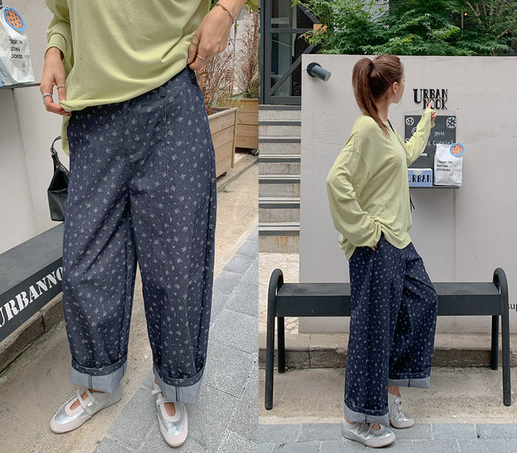 フラワーパターン切開ワイドバンディング排気パンツ