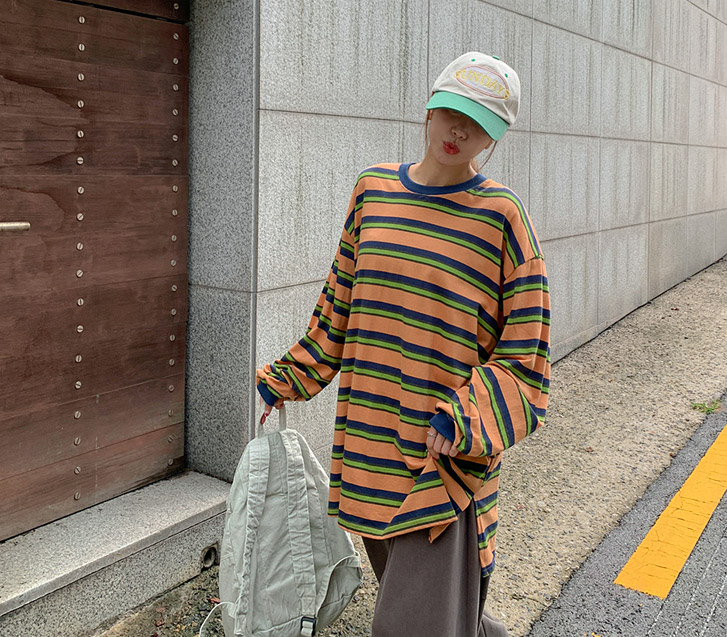[男女共用]モダダンガラ配色長袖ロングTシャツ