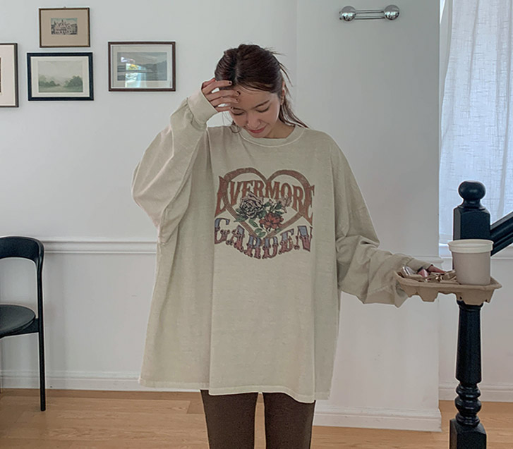 モアハート捺染ピグメント長袖Tシャツ