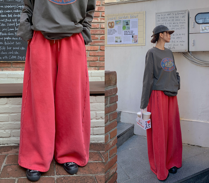 ラオンピグメント斜線切開起毛バンディングワイドパンツ
